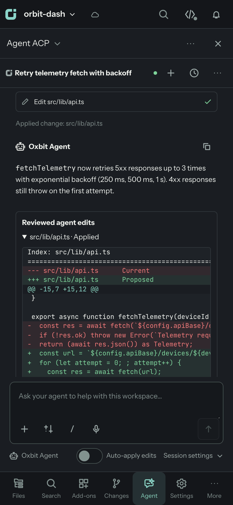 Oxbit Agent on iPhone showing an applied edit and its diff